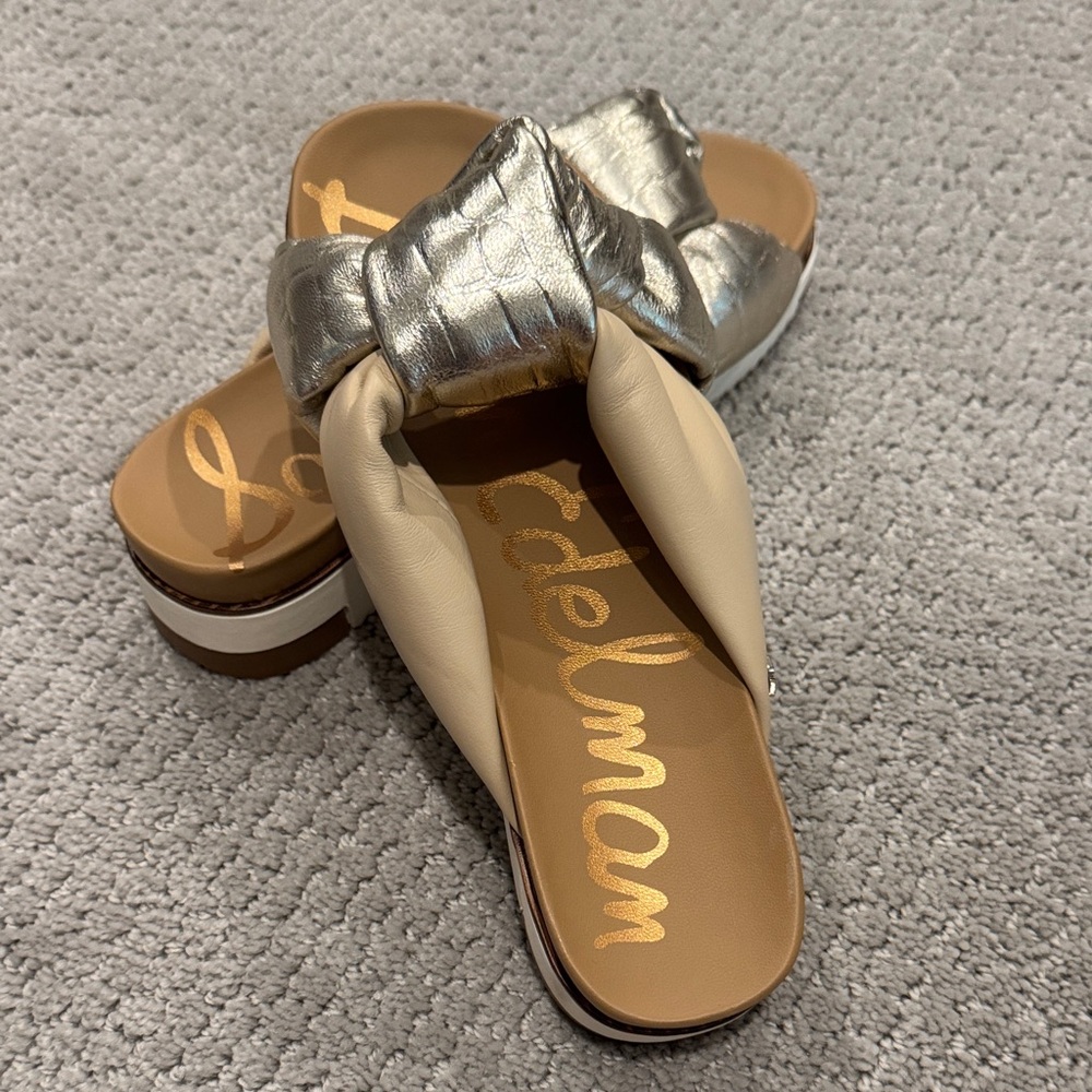 Sam Edelman Metallic Silver and Cream Slide Sandals NEW
